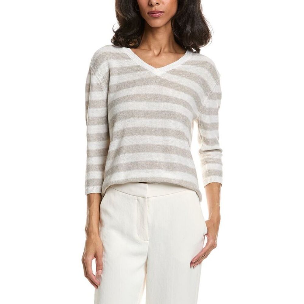 Forte Womens  Beach Stripe V-Neck Linen Sweater, Brown